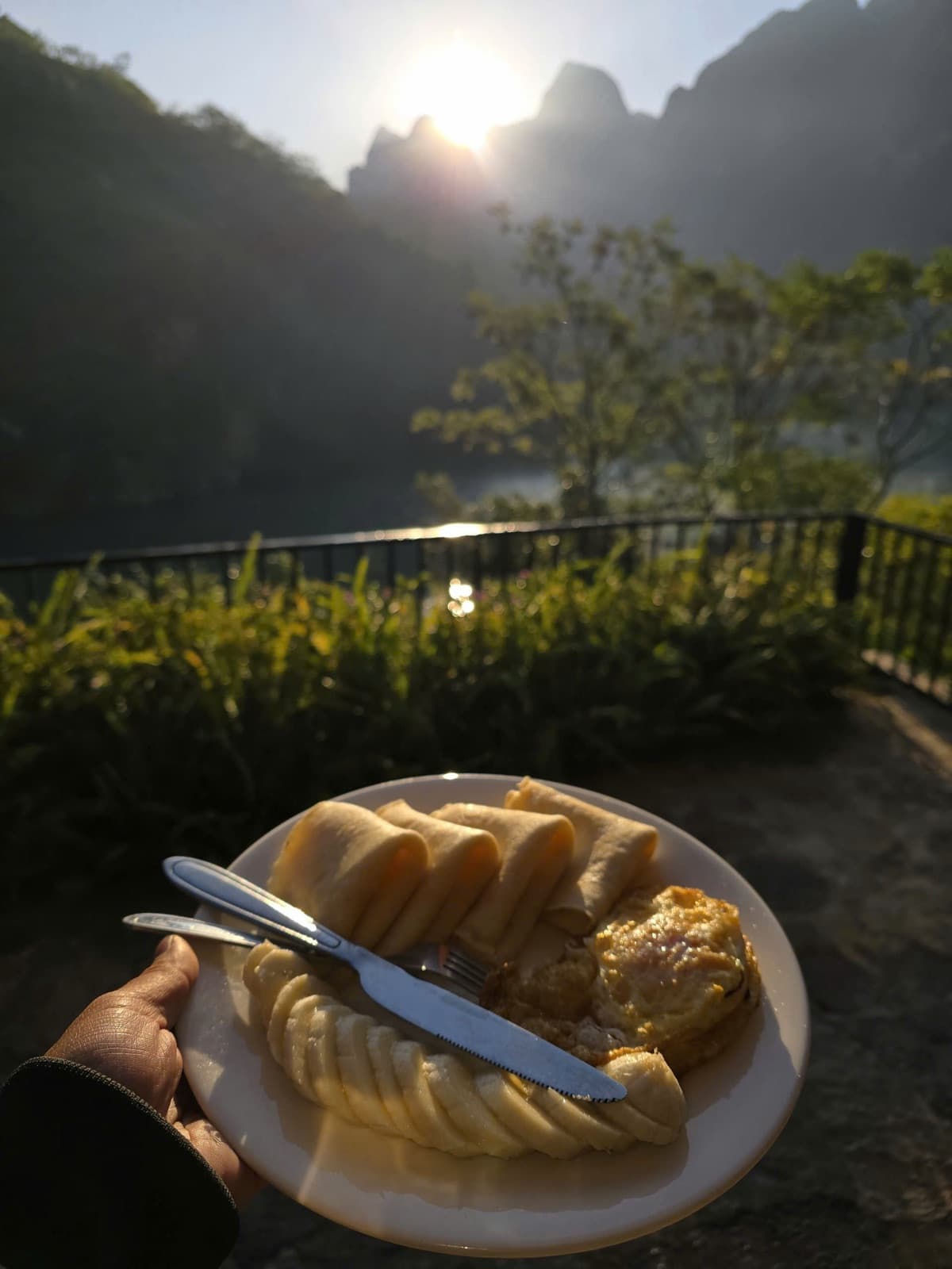 Banana pancake breakfast by the river