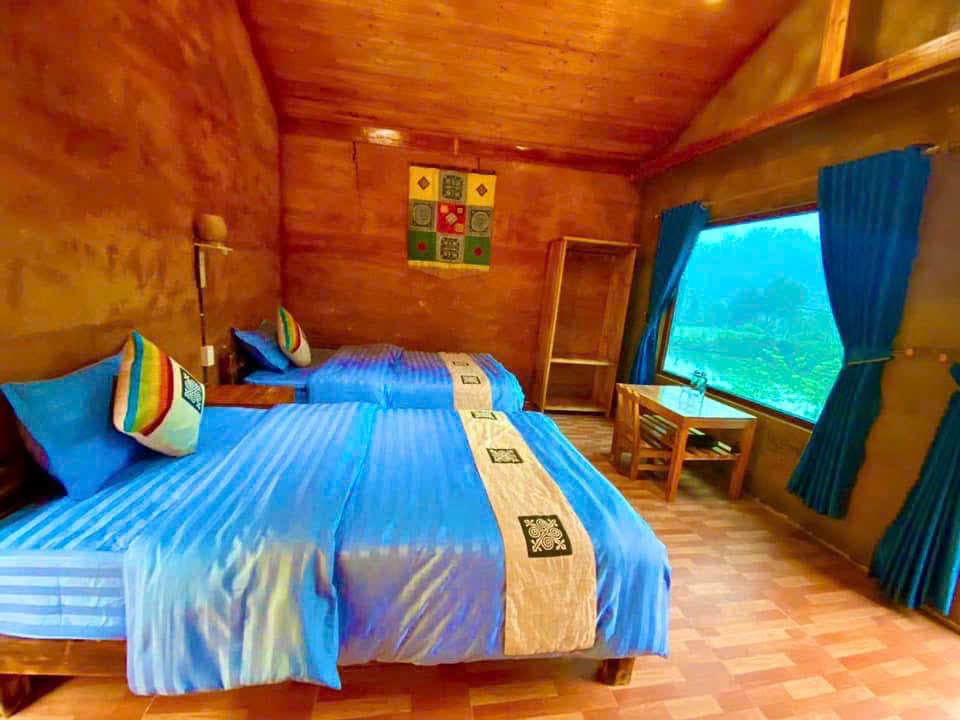 A homestay room with a mountain view