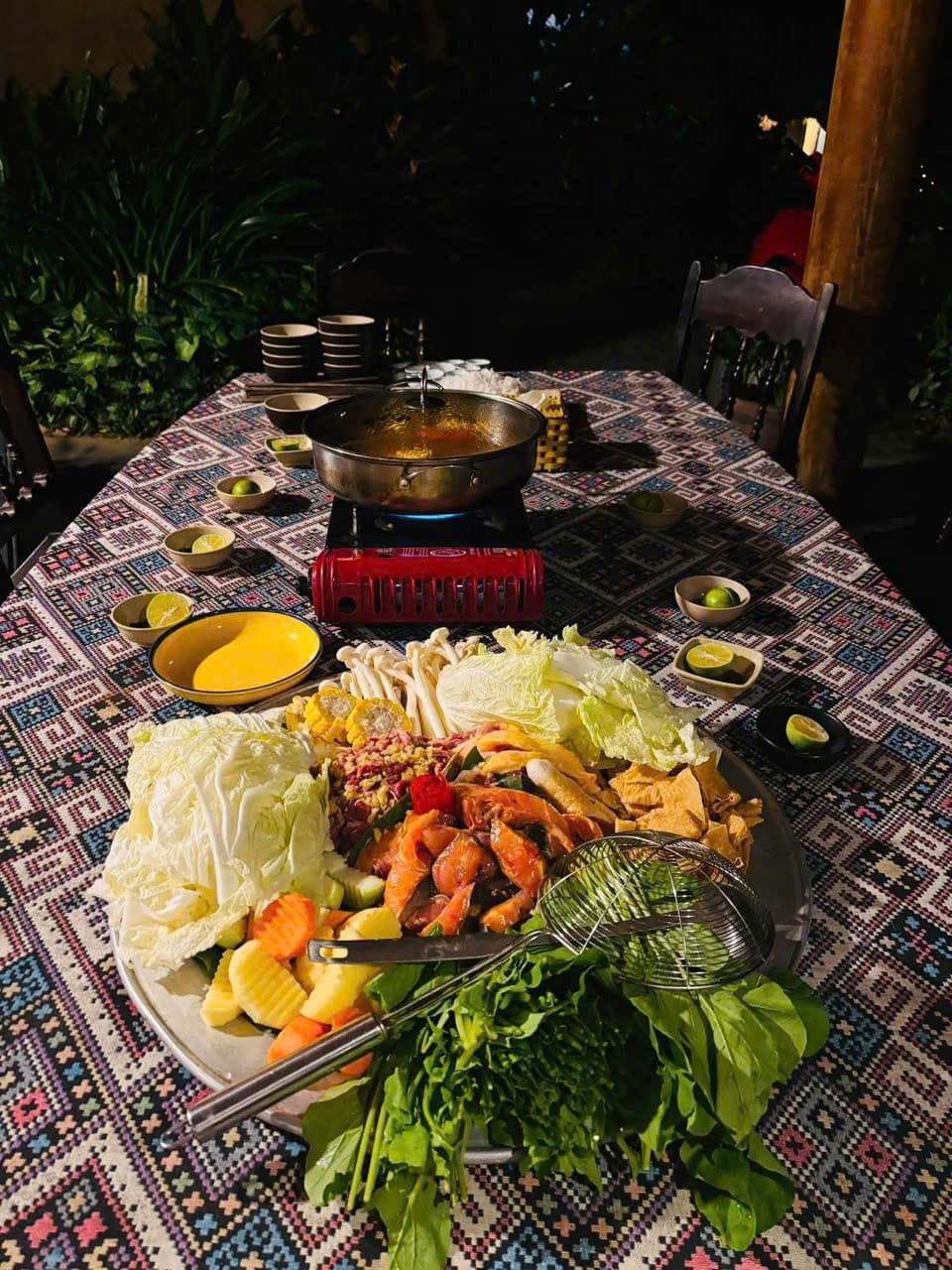 A hotpot dinner spread at the homestay